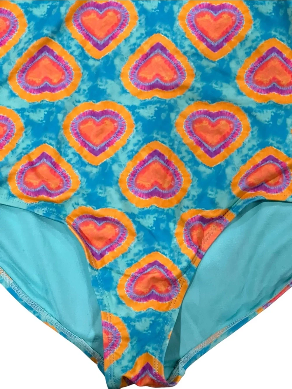 Lands’ End XL (14/16) Blue & Orange Heart Print Girls One-Piece Swimsuit